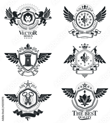 Vintage decorative emblems compositions, heraldic vectors. Class
