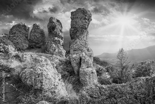 Old cliff valley. Black and white photo