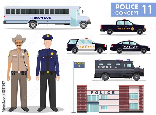 Police concept. Detailed illustration of police station, policeman, sheriff, prison bus, armored S.W.A.T. truck and car in flat style on white background. Vector illustration.