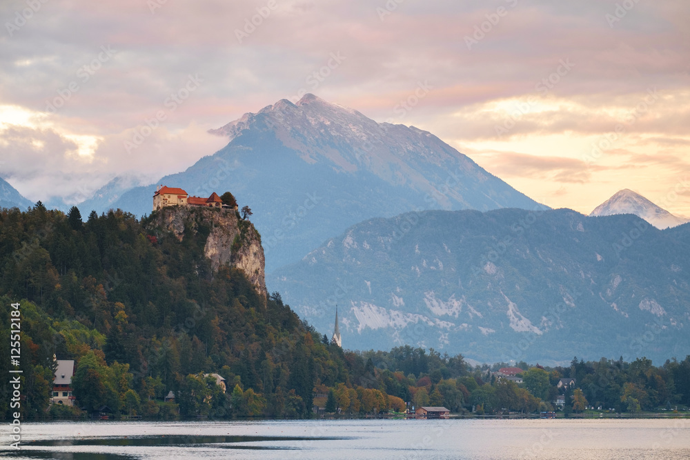 Bled with  castle and mountains in background, Slovenia