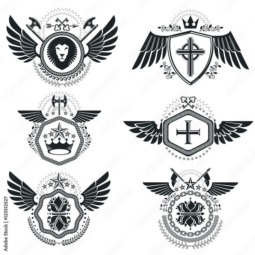 Obraz premium Vintage heraldry design templates, vector emblems. Collection of