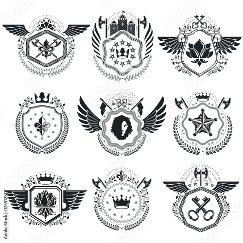 Heraldic signs vector vintage elements. Collection of symbols in