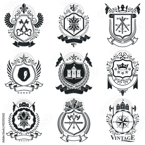 Heraldic signs vector vintage elements. Collection of symbols in