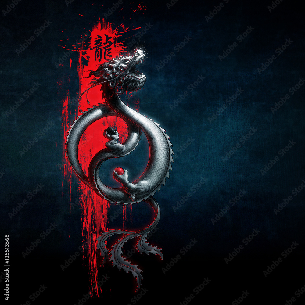 Naklejka premium Oriental Dragon Yin-Yang Red Blue.