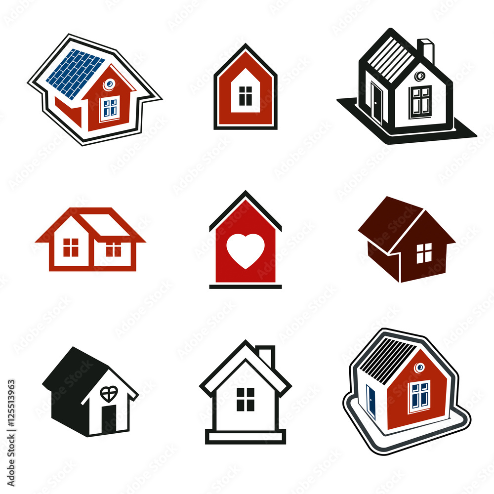 Houses abstract icons. Set of simple buildings, architecture the