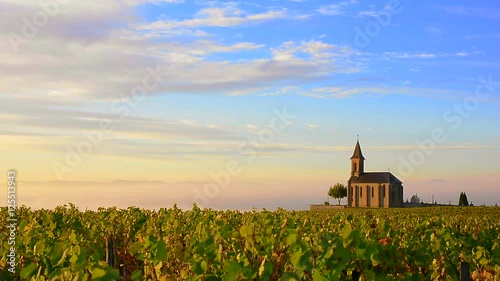 Vineyards and church with a beautiful sky at sunrise in Beaujolais land