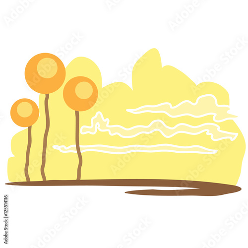 Imaginary warm autumn landscape with trees and clouds on the horizon. Vector illustration
