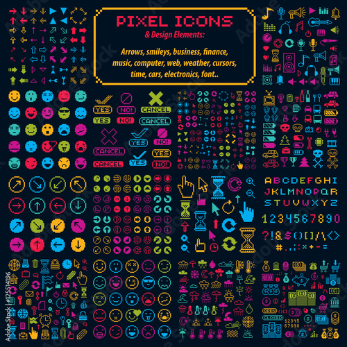 Vector flat 8 bit icons, collection of simple geometric pixel sy
