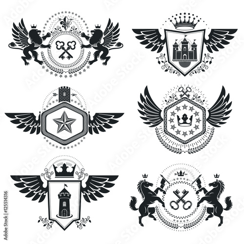 Vintage decorative emblems compositions, heraldic vectors. Class