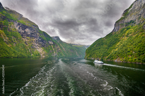Fjord with boat, Geiranger, Norway
