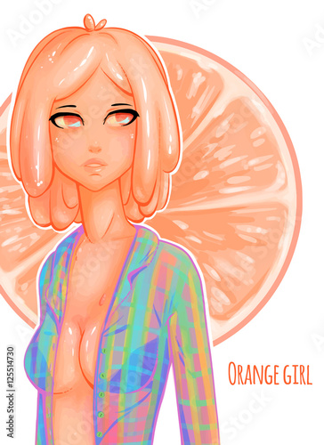 Hot slime girl on isolation background. Orange girl. Citric fruit
