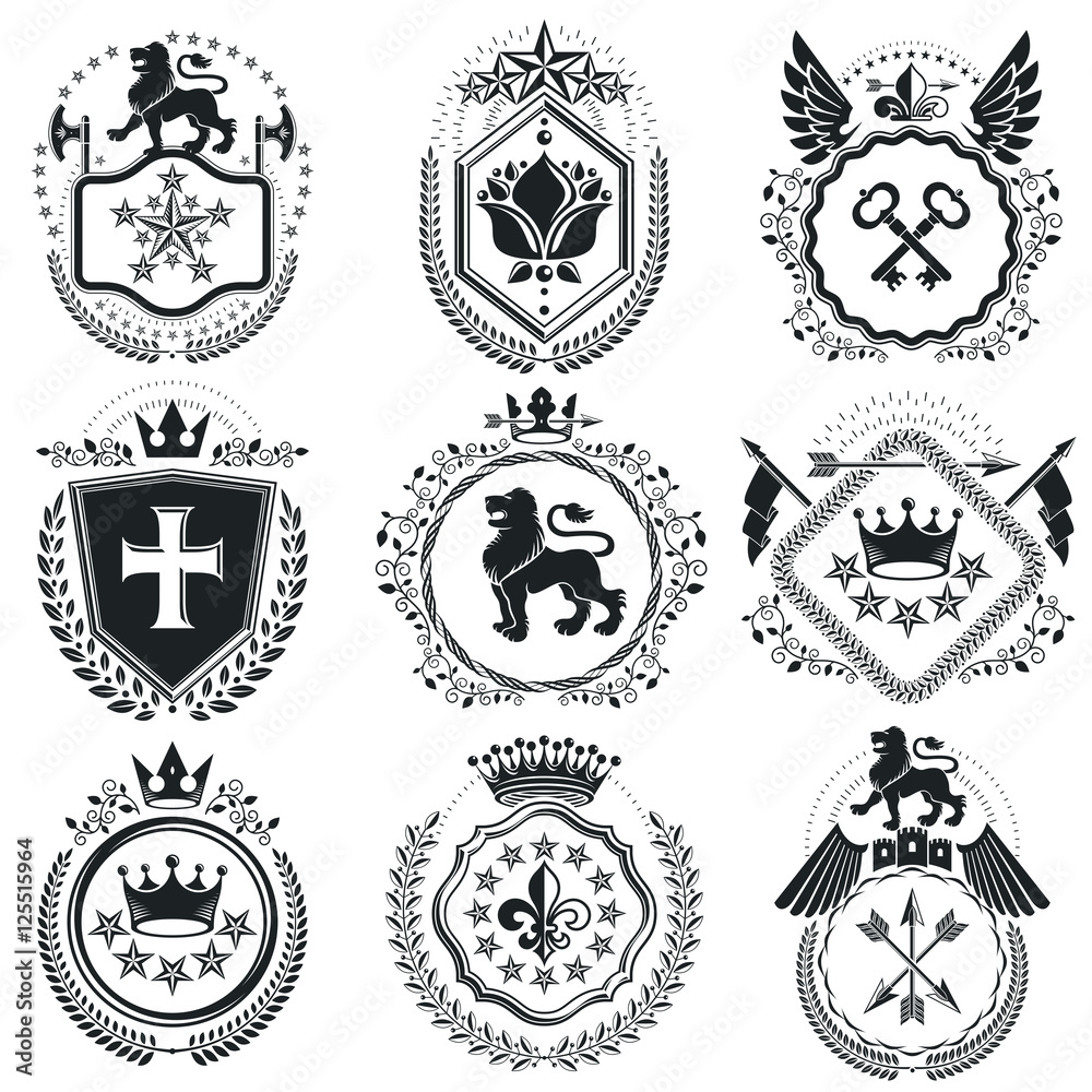 Fototapeta premium Heraldic Coat of Arms decorative emblems isolated vector illustr