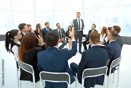 Presentation to the large number of people. Communication with e