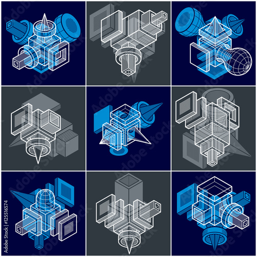 Engineering abstract geometric shapes, simple vectors set.