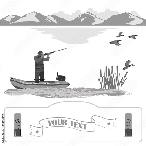 
A man stands in a rubber boat and shoot a rifle. Ducks are flying. on the far background of mountains and clouds. Isolate on white background.

