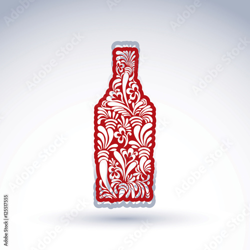 Stylized bottle decorated with ethnic flower pattern. Alcohol id