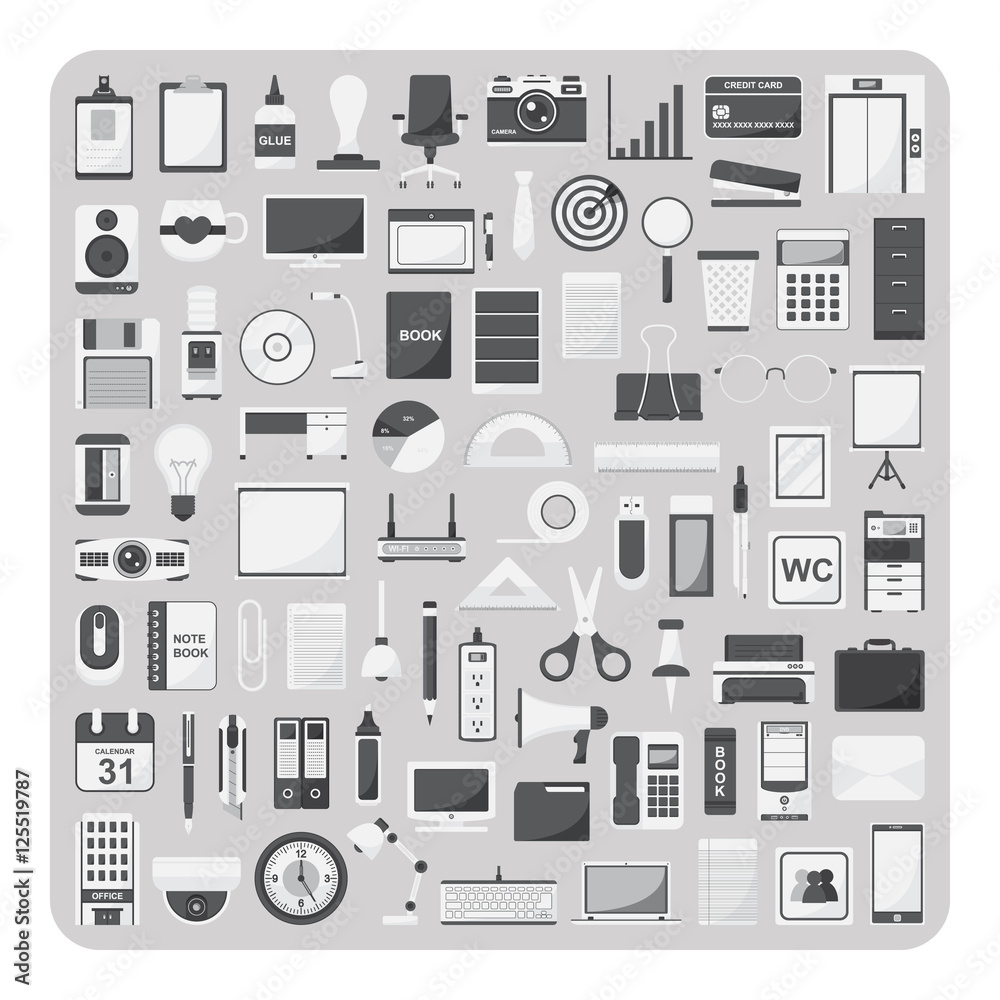 Vector of flat icons, Modern office and organization supplies set on isolated background