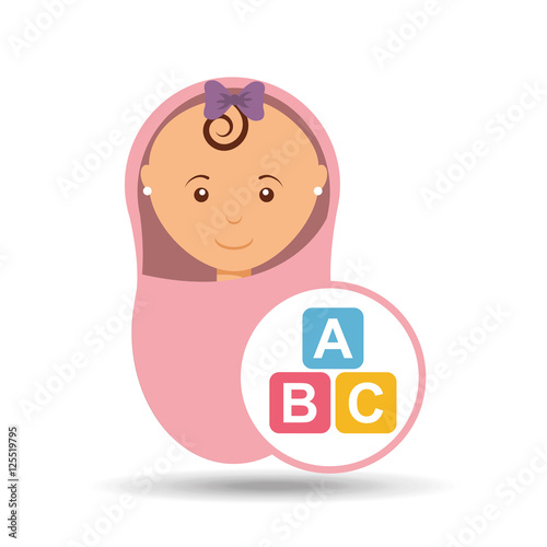 cute newborn girl on pink blanket and cube alphabet vector illustration eps 10