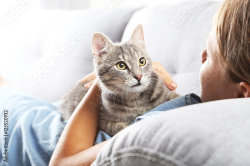 Beautiful grey cat on female hands on sofa