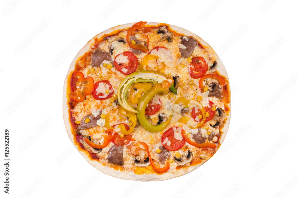 italian pizza with salami, chilli, bacon and mushrooms. isolated italian pizza with salami, chilli, bacon and mushrooms. isolated