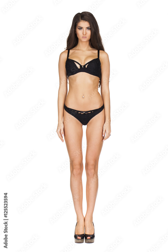 Full portrait of sexy lady in black lingerie, isolated on white Full portrait of sexy lady in black lingerie, isolated on white