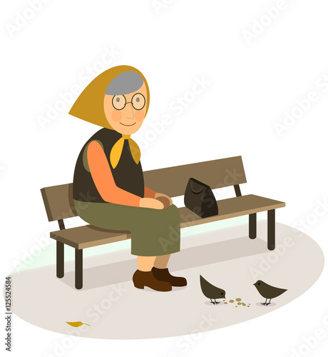grandmother elderly old woman sitting on a bench feeding pigeons with bread crumbs in the park Vector flat illustration isolated  white background CIS wear style