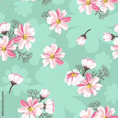 Fototapeta Naklejka Na Ścianę i Meble -  Seamless pattern with daisies on a green background. Bright floral background for your design. Vector illustration.