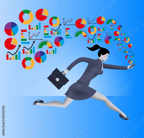 Analyzing trends business concept. Confident business woman in business suit runs with smart phone in one hand and case in other hand. Different kinds of business charts form a cloud around her.