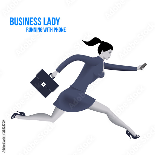Business lady running with mobile phone template. Running business lady in business suit with case and mobile phone isolated on white background. Vector illustration.