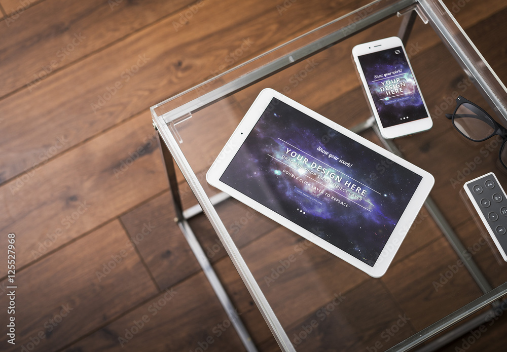 Tablet and Smartphone on Glass Table Mockup Stock Template Adobe
