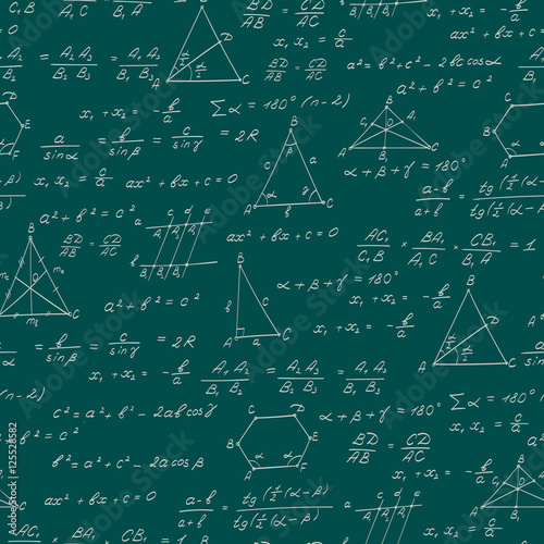 Seamless pattern on the theme of the subject of geometry , formulas, and charts of theorems , a bright outline on a green background