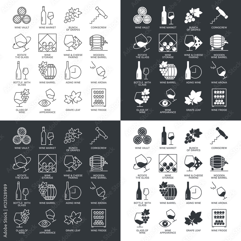 Thin line wine icons set isolated on dark and white. Web graphics simple mono outline icon symbol collection. 
