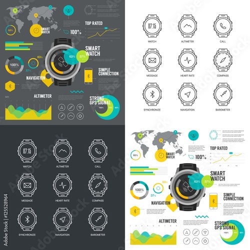 Smart watch infographic illustration. Modern web graphics smart gadget thin line icons. 
Simple mono outline smart functions digital clock symbol collection. Chart infographics vector pictogram pack.