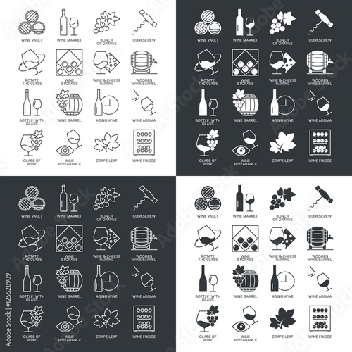 Thin line wine icons set isolated on dark and white. Web graphics simple mono outline icon symbol collection. 
