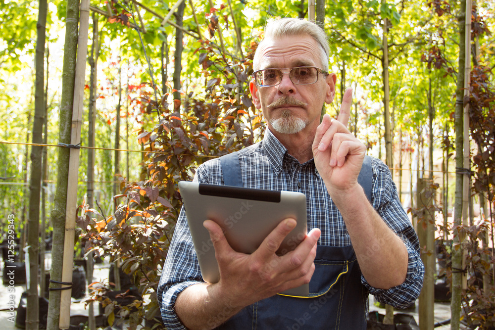 Fototapeta premium Online Store Manager with a clipboard in hands on a background of a greenhouse