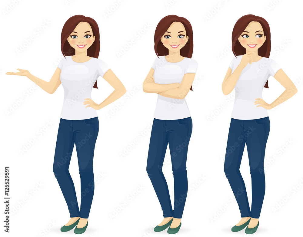 Fototapeta premium Woman in jeans standing in different poses isolated