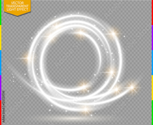 Abstract vector magic glow star trail light effect with neon blur curved line round flying. Sparkling dust with bokeh. Special white and golden christmas effect on transparent background.