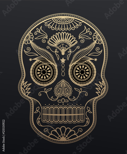 Sugar Skull day of the dead. Mexican style golden effect skull i