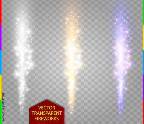 Abstract firework set. Vector fountain of sparks light special effect. Sparkling pillar of fire white, golden and purple color on transparent background. Christmas lights collection.