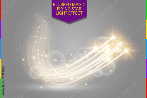Abstract vector magic glow star light effect with neon blur curved lines. Sparkling dust star trail with bokeh. Special white and golden christmas effect on transparent background