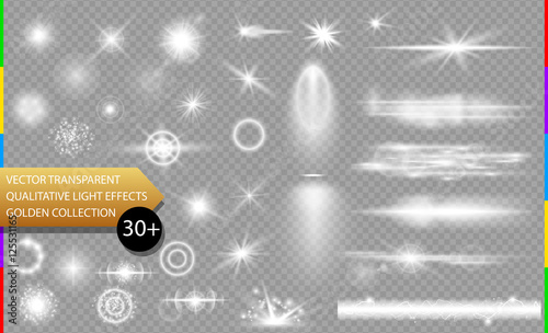 Glow isolated white transparent light effect set, lens flare, explosion, glitter, line, sun flash, spark and stars. Abstract special effect element design. Shine ray with lightning, sparkling round