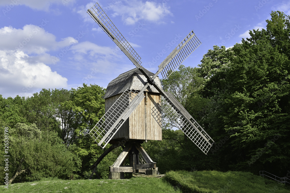 Obraz premium old wooden windmill on a background of trees and blue sky