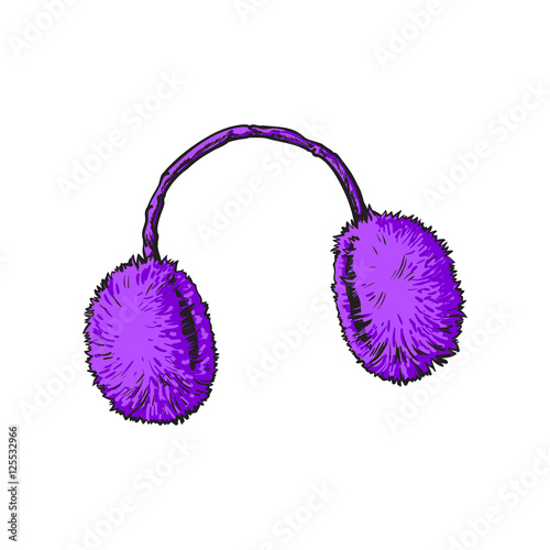 Bright purple fluffy fur ear muffs, sketch style vector illustrations isolated on white background. Hand drawn fluffy ear warmers, ear muffs made of fur, winter accessory