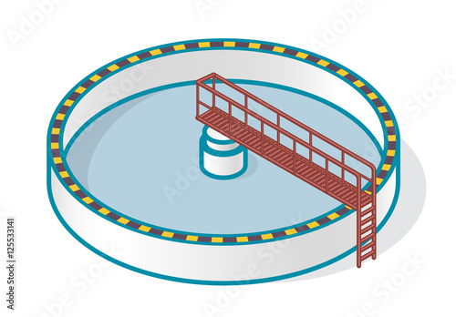 Wastewater treatment plant in stylized outline vector symbol. Isometric infographics for industrial buildings. Municipal water treatment. Management of drinking water. Ecology of Water Resources.