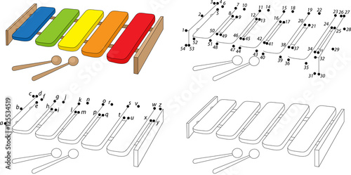 Cartoon xylophone. Coloring book and dot to dot game for kids