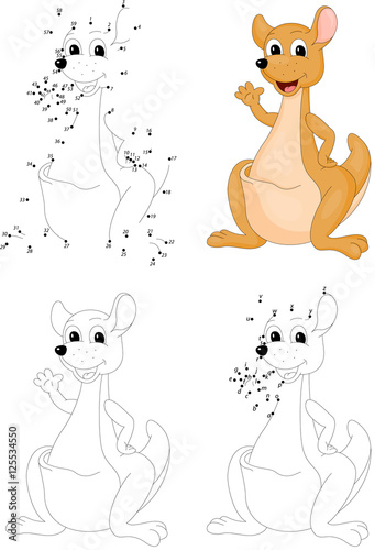 Cartoon kangaroo. Coloring book and dot to dot game for kids
