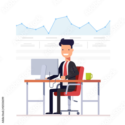 Businessman or manager analyzes the schedule. Successful entrepreneur is engaged arbitrage traffic. Man on a workplace computer. Vector, illustration EPS10.