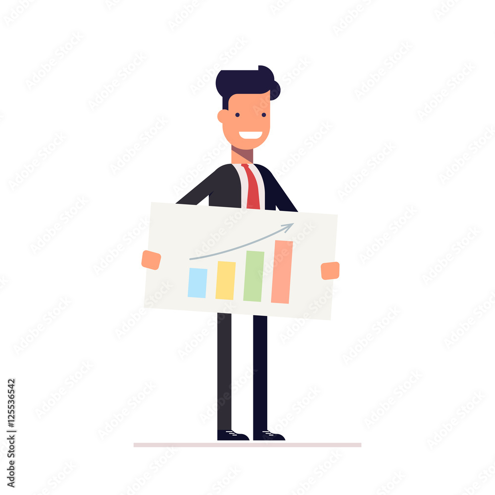 Businessman or manager with the schedule in the hands of a presentation. Man demonstrates the best strategy. Vector, illustration EPS10. Businessman or manager with the schedule in the hands of a presentation. Man demonstrates the best strategy. Vector, illustration EPS10.
