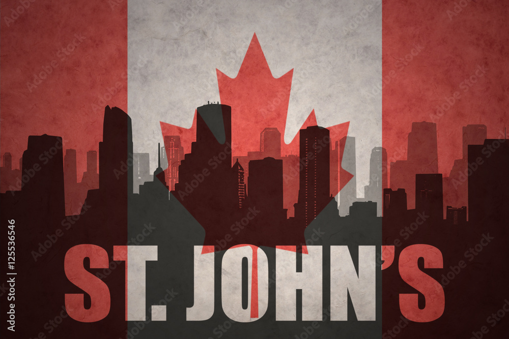 abstract silhouette of the city with text St. John's at the vintage canadian flag
