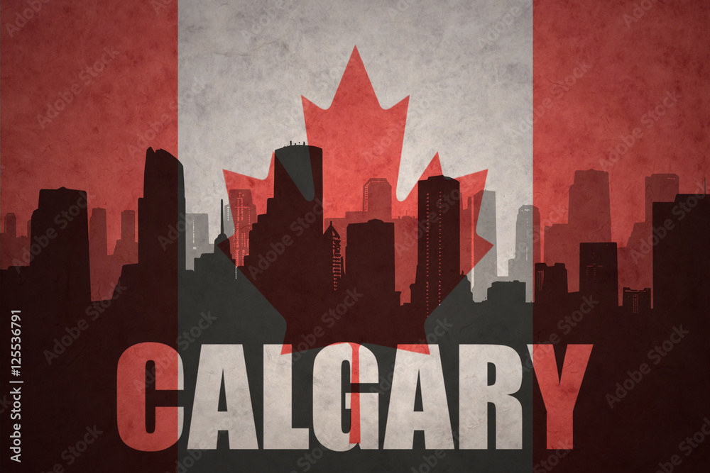 abstract silhouette of the city with text Calgary at the vintage canadian flag